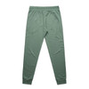 A pair of premium track pants in a soft green shade with an elastic waistband and cuffs. Features a logo.