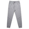 A pair of grey premium track pants with an elastic waistband and cuffs, featuring a drawstring and a logo.