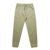 Olive green track pants featuring an elastic waistband and ankle cuffs, with a logo on the side.