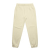 Cream-coloured track pants featuring an elastic waistband and cuffs, with a logo on the side.