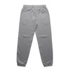 Grey track pants featuring a tapered leg design and a back pocket, with an elastic waistband.