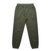 Olive green track pants with an elastic waistband and a back pocket. Features a logo design.