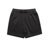 Black track shorts with an elastic waistband and drawstring, featuring a logo on the fabric.