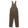 Canvas overalls in a dark brown colour with adjustable straps and multiple pockets. Features a brand logo.