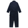 Navy blue canvas coveralls with long sleeves and a drawstring waist, featuring multiple pockets.