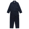 A navy canvas coverall featuring long sleeves, a front zip, and a single zip pocket, with a brand logo present.