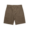 Canvas cargo shorts in a brown hue, featuring multiple pockets and an elastic waistband. Includes a branding logo.
