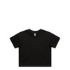 A black T-shirt with a round neckline and short sleeves. Features a logo on the front.