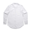 A white button-up shirt with long sleeves and a classic collar, featuring a simple design and a back yoke.