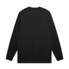 A long-sleeve black T-shirt with a plain back and fitted cuffs. It features a logo on the back neckline.