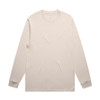 A beige long-sleeve t-shirt with a simple design and a logo, featuring a crew neck and fitted cuffs.