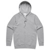 A grey zip-up hoodie featuring a hood and a branding logo.