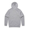 A grey hoodie with a hood and long sleeves, featuring a logo on the back.