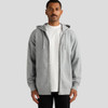 A grey zip-up hoodie with a front opening and two pockets, worn by a male model. It includes a hood and long sleeves.