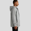 A grey zip-up hoodie with a hood, featuring side pockets and a logo, shown on a model from the side.