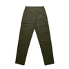Utility pants in olive green, featuring multiple pockets and a straight-leg design. Includes a logo on the back.