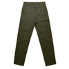 Utility pants in a dark olive green colour, featuring front pockets and a button closure. Includes a logo.