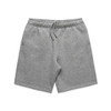 Grey youth relax track shorts with an elastic waistband and drawstring, featuring pockets and a logo tag.