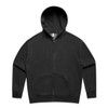 A black zip-up hoodie with a hood and long sleeves, featuring a logo on the front.