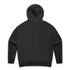 A black zip hoodie featuring a hood and a simple design, showing the back view. It has a logo.