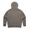 A faded olive green hoodie with a large hood and long sleeves, featuring a brand logo on the back.
