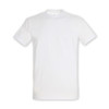 A plain white adult t-shirt with short sleeves, featuring a logo on the neckline.