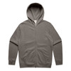 A zip-up hoodie in a faded olive green colour with a kangaroo pocket and a hood. It features a logo.