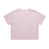 A pale pink cropped t-shirt with short sleeves and a plain back, featuring a logo.
