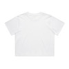 A white cropped t-shirt with a relaxed fit. It features short sleeves and a simple design, including a logo.