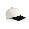 A two-tone cap featuring a white crown and a black brim, with a logo on the side.