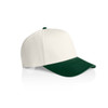 A two-tone cap featuring a white crown and a dark green peak, with an adjustable strap at the back.