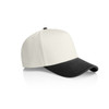 A two-tone cap featuring a white front and black peak, with a logo on the side.