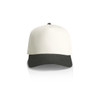 A two-tone cap featuring a white front and a black brim, with a logo on the front.