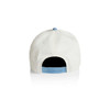 A two-tone cap featuring a white body and a light blue strap. The back has an adjustable snap closure.