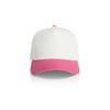 A two-tone cap featuring a white upper and a pink brim, complete with a logo.