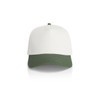 A two-tone cap featuring a white upper and a green brim. It includes a logo on the front.