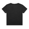 A black ribbed T-shirt featuring short sleeves and a simple design. It has a logo on the back.