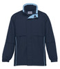 A navy blue rain jacket with light blue accents and a collar, featuring a logo on the front.