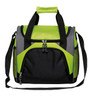 A cooler bag featuring a bright green front with black accents and dual carry handles, including a detachable shoulder strap.
