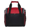 A drink cooler bag in red and black, featuring dual handles and a structured design with side mesh pockets.