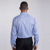 A light blue button-up shirt, viewed from the back, featuring long sleeves and a collar. It has a logo on it.