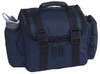 A dark blue bag with a shoulder strap, featuring a water bottle pocket and multiple zip compartments.