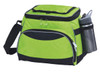 A green cooler bag with a black zippered compartment and a side mesh pocket for a drink bottle.