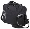 A black laptop bag featuring multiple pockets and a shoulder strap. It includes a logo on the front.