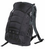 A black backpack with a padded back, multiple zippered compartments, and side mesh pockets. It has a logo.