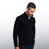 A black zip-up men's shirt with long sleeves, featuring a high collar and a subtle logo.