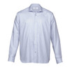 A button-up men's shirt in a blue and white check pattern, featuring a collar and long sleeves. It has a logo.