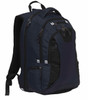 A dark blue backpack with multiple pockets, straps, and a logo on the side.