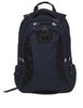 A navy blue backpack featuring multiple compartments, zippers, and a logo. It has padded straps and a sleek design.
