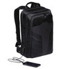 A black backpack with a sleek design, featuring a logo and a mobile charging port at the front.